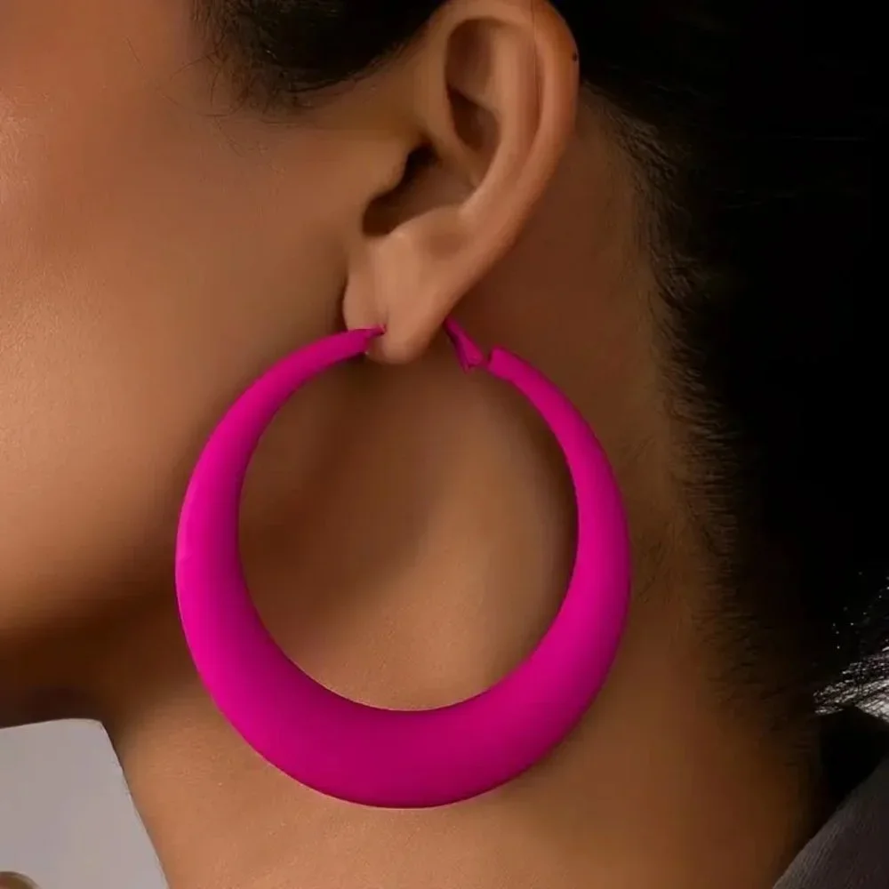 Hot Pink Hoop Earrings Retro Vocation Style Alloy - Picture 1 of 3